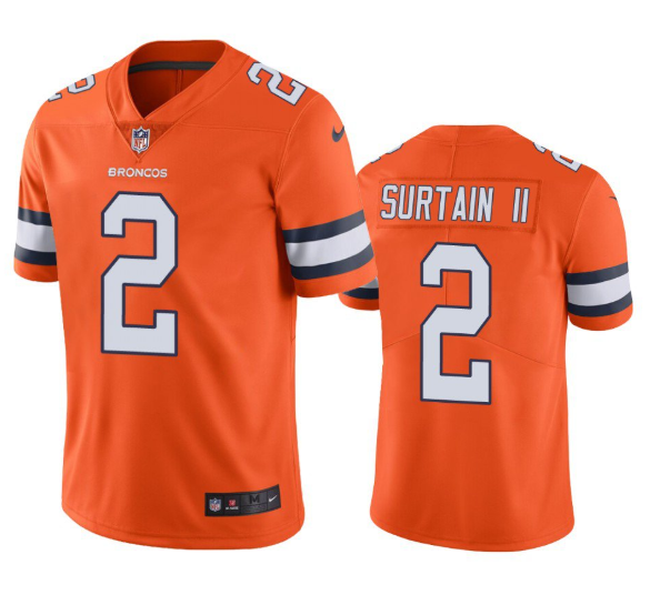 Men's Denver Broncos #2 Patrick Surtain II 2021 Orange Color Rush Stitched Football Jersey Men's Denver Broncos #2 Patrick Surtain II 2021 Orange Color Rush Stitched Football Jersey
